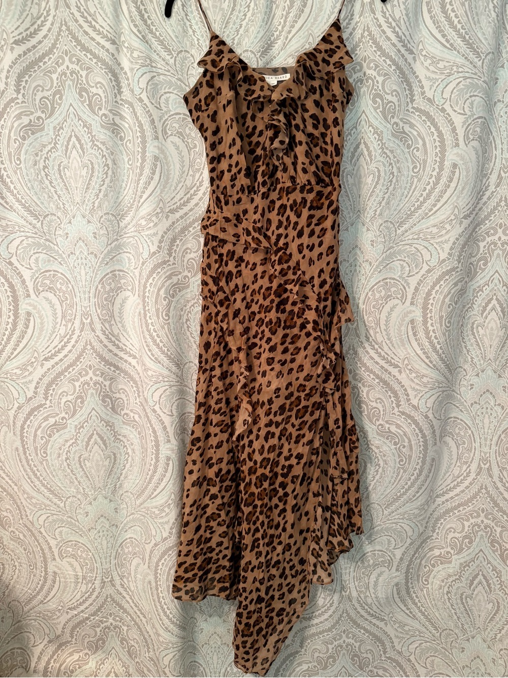 Veronica Beard Brown Leopard Asymmetrical Ruffle Slip Dress